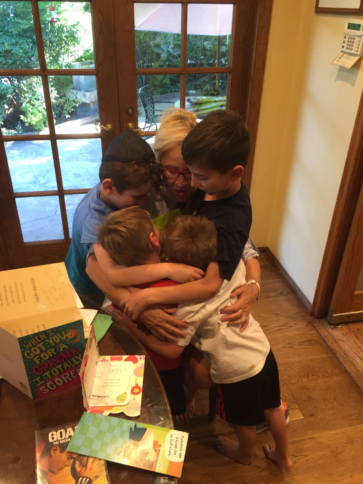 Second Group hug Jack jonah noah gabriel and Larraine Birthday hug 2016 at home shabbat